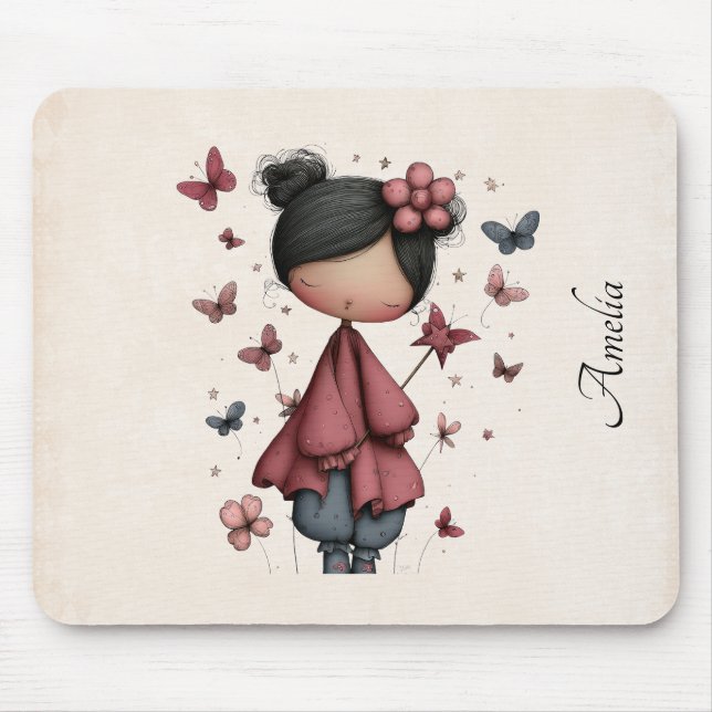 Mousepad Menina com Varinha Mágica e Borboletas Fofo (Frente)
