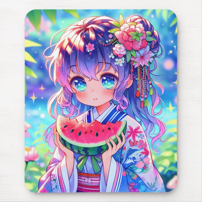 Mousepad Menina de animação bonita comendo melancia no dia  (Frente)