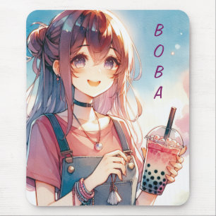 Mousepad Menina de animação bonita segurando uma chá Boba