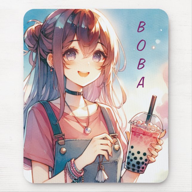 Mousepad Menina de animação bonita segurando uma chá Boba (Frente)