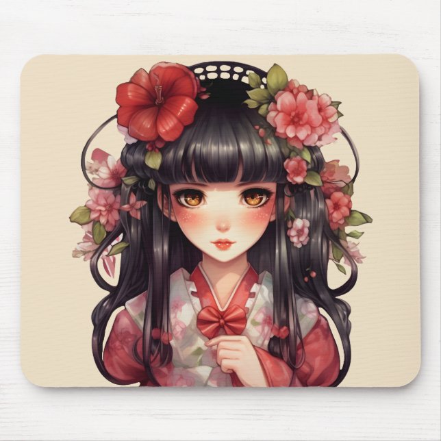 Mousepad Menina de animação, flores rosa (Frente)