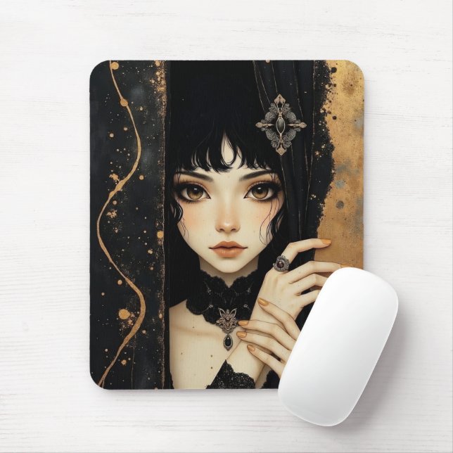 Mousepad Menina de Anime Gótico Preto e Dourado (Com mouse)