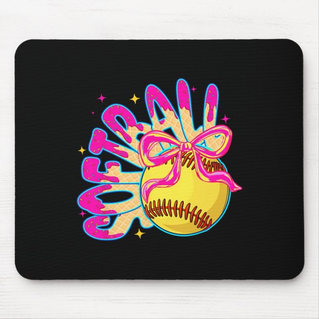 Mousepad Menina de Softbol com Sorvete Drip Coquette Laço S (Frente)
