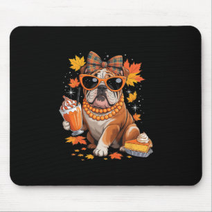 Mousepad Menina do Laço do Bulldog Inglês Folhas de Outono