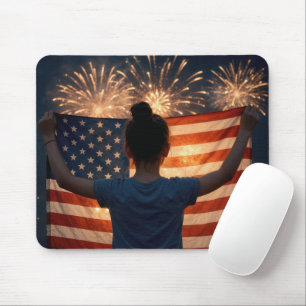 Mousepad Menina Jovem Segurando uma Bandeira Americana