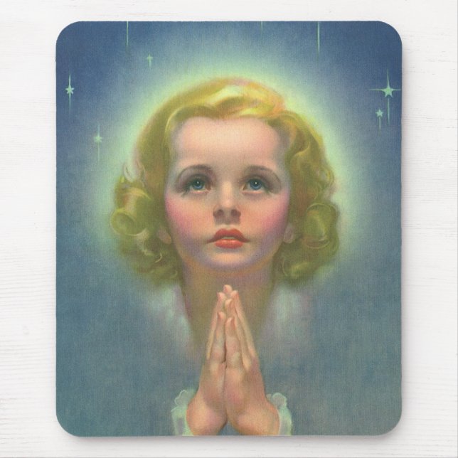 Mousepad Menina Loira Angelical com Auréola e Estrelas Reza (Frente)