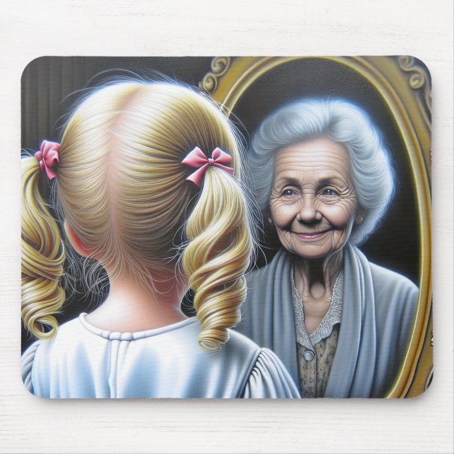 Mousepad Menina olhando para velha senhora no espelho (Frente)