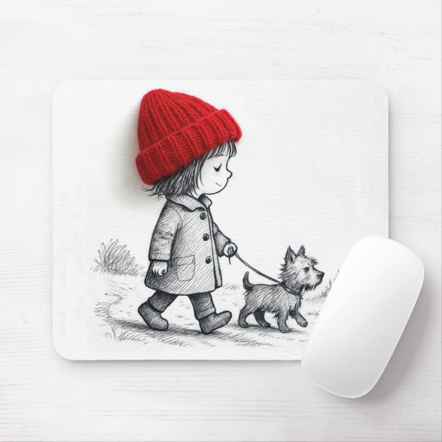 Mousepad Menina passeando com seu cachorro (Com mouse)