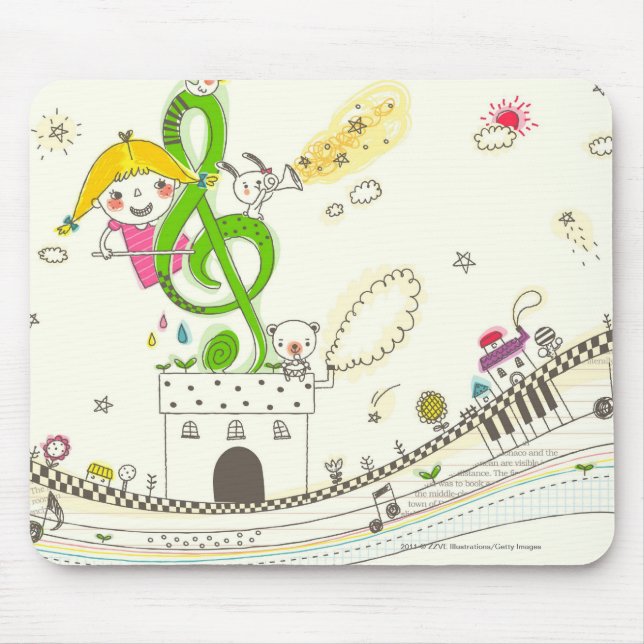 Mousepad Menina que joga com notas musicais na casa (Frente)