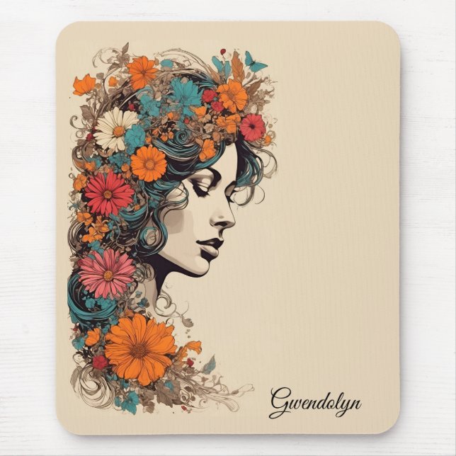 Mousepad Menina Retro com Flores no Cabelo (Frente)