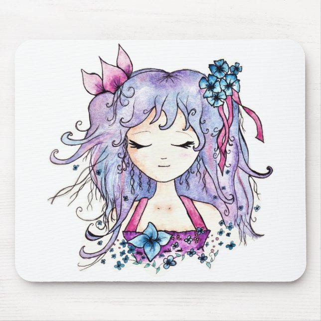 Mousepad Menina roxa bonito do manga da flor do cabelo (Frente)