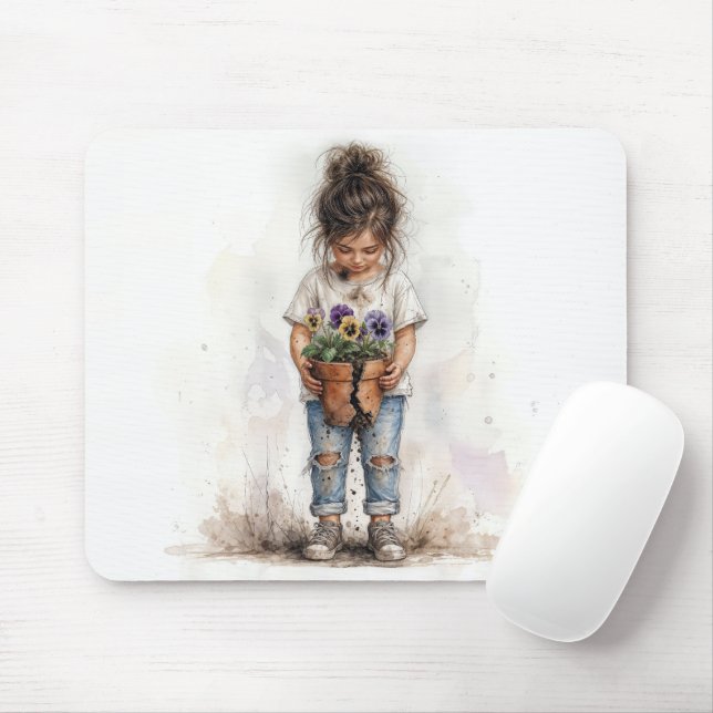 Mousepad Menina Segurando um Vaso de Flores Quebrado (Com mouse)
