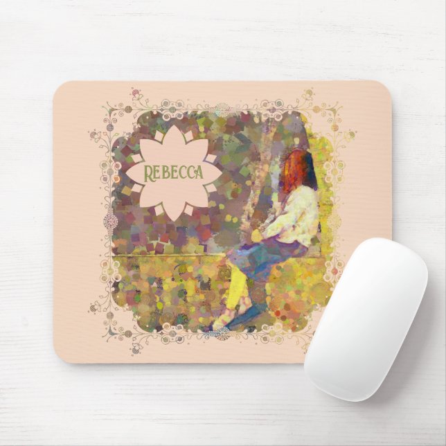 Mousepad Menina Sonhadora na Parede Geometria Colorida Abst (Com mouse)