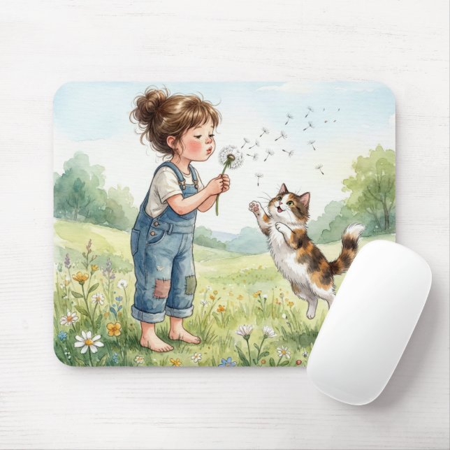 Mousepad Menina soprando sementes de dente-de-leão com gato (Com mouse)