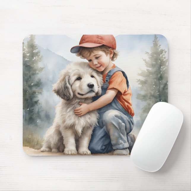 Mousepad Menino Abraçando Cachorro Em Aquarela (Com mouse)