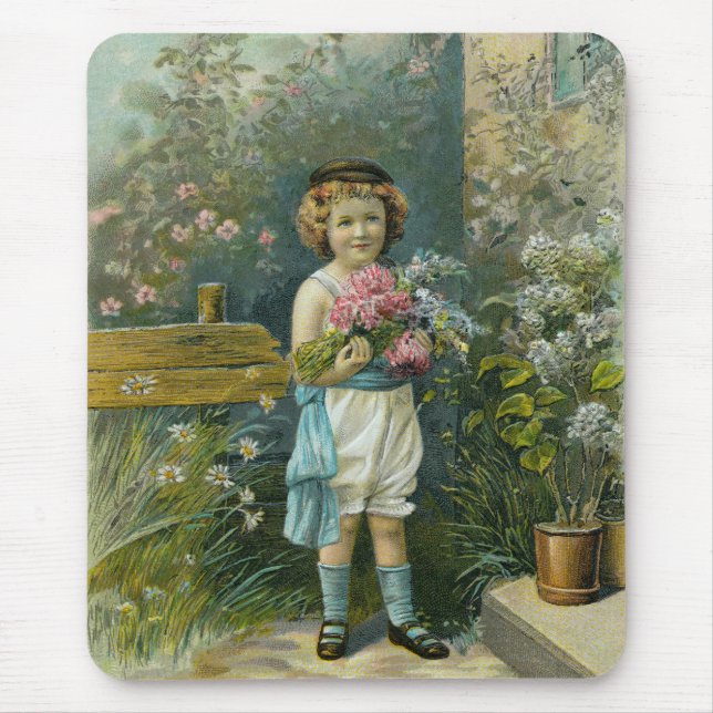 Mousepad Menino Antigo Com Flores de Jardim (Frente)
