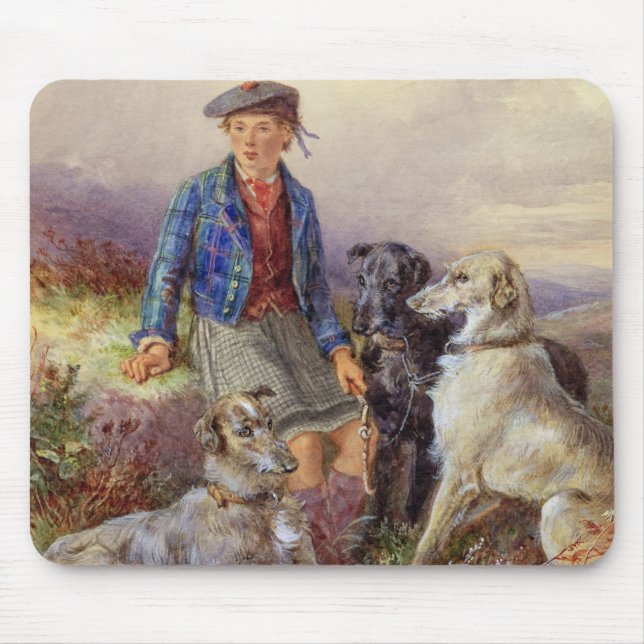 Mousepad Menino escocês com wolfhounds em um landsca das (Frente)
