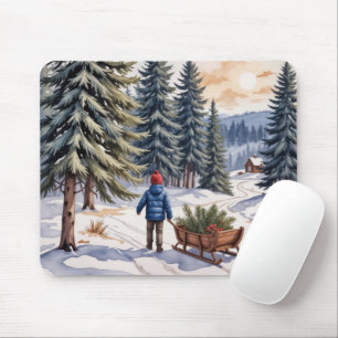 Mousepad Menino Puxando um Trenó com Ramos de Sempre-Viva d