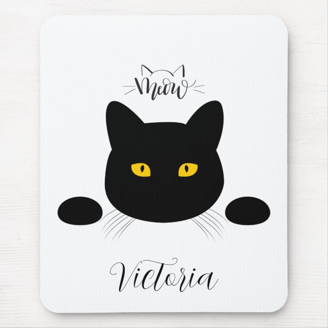 Mousepad Meow Black Cat Ouro Olhos Personalizáveis (Frente)