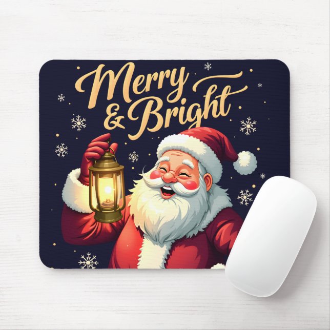 Mousepad Merry Bright Santa Holding Lantern Illustration (Com mouse)
