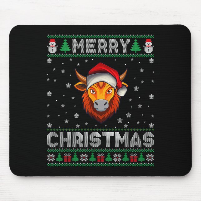 Mousepad Merry Christmas 2025 Yak Santa Hat Ugly Xmas  (Frente)