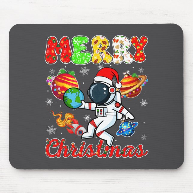 Mousepad Merry Christmas Astronaut Santa Hat Snowflakes Tre (Frente)