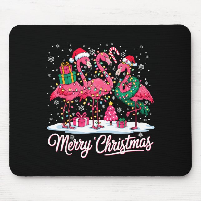 Mousepad Merry Christmas Flamingo Lights Santa Hat Snow Xma (Frente)