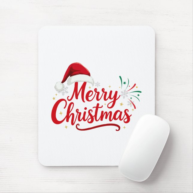 Mousepad Merry Christmas Typography with Santa Hat and Snow (Com mouse)