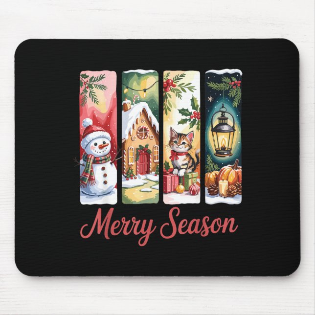 Mousepad Merry Season Festive Snowman Cat Gingerbread House (Frente)