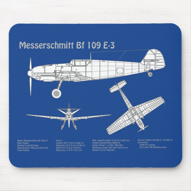 Mousepad Messerschmitt Bf 109 - Airplane Blueprint ABD (Frente)