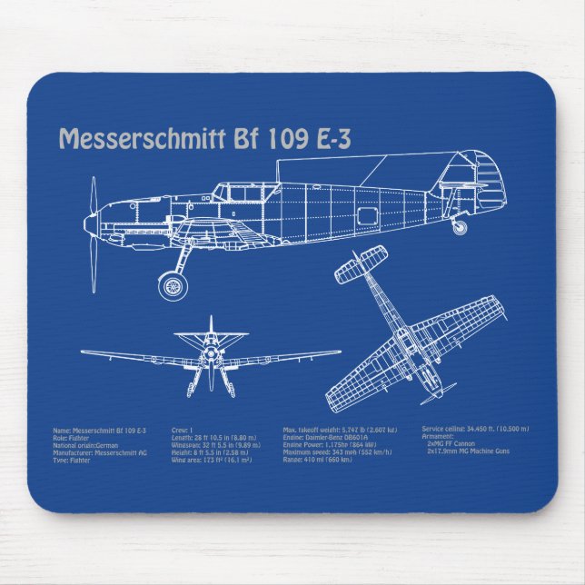 Mousepad Messerschmitt Bf 109 - Airplane Blueprint AD (Frente)