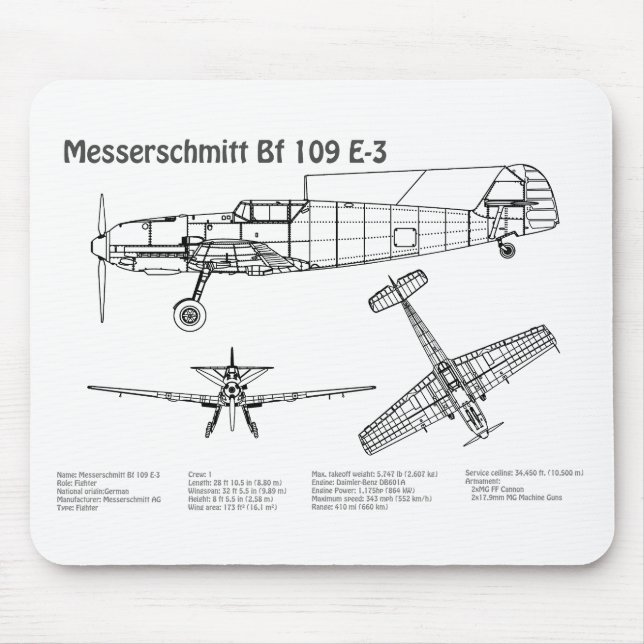 Mousepad Messerschmitt Bf 109 - Airplane Blueprint BD (Frente)