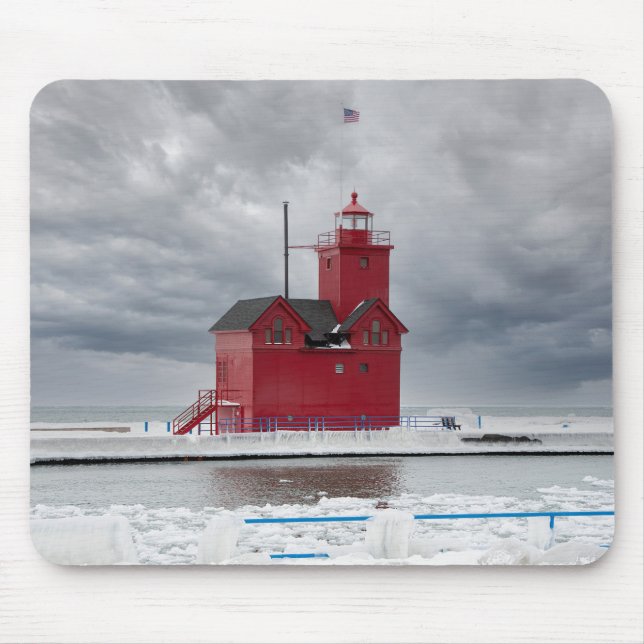 Mousepad Michigan Red Lighthouse no inverno (Frente)