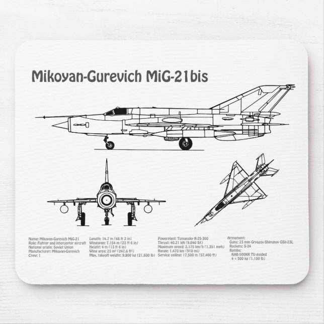 Mousepad MiG-21 bis - Planos de Blueprint do avião BD (Frente)