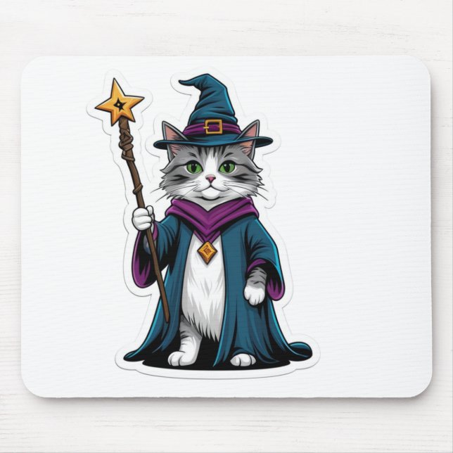 Mousepad Mini bruxo gato com cajado mágico (Frente)