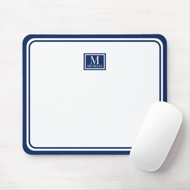 Mousepad Minimalist Chic Navy Blue Monogram Double Boarder (Com mouse)