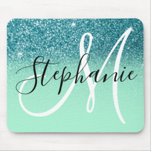 Mousepad Mint Green e Teal Glitter Ombre Sparkle Monograma
