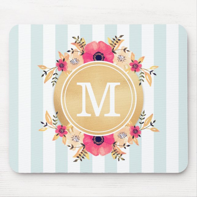 Mousepad Mint Stripes Aquarela Flores Falso Monograma Doura (Frente)
