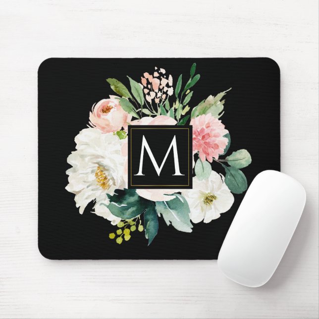 Mousepad Minúsculo elegante Monograma com aquarela floral (Com mouse)
