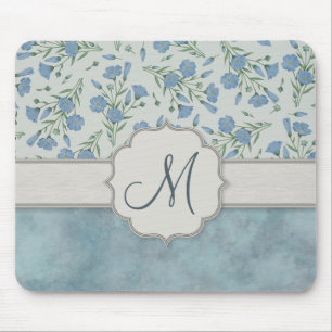 Mousepad Miosótis azul floral e de mármore com monograma