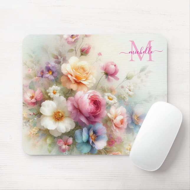 Mousepad Modelo de Floral Aquarela Personalizado Monogramad (Com mouse)