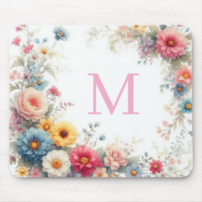 Mousepad Modelo de Flores de Aquarela Personalizado Monogra (Frente)