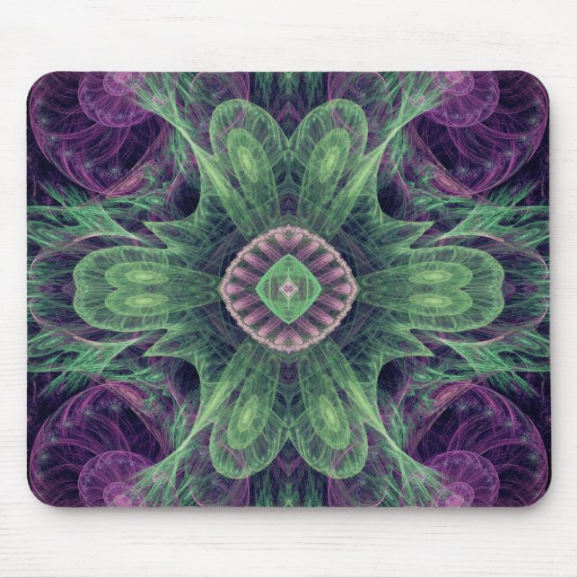 Mousepad Modern Abstract Fractal Purple and Green Design (Frente)