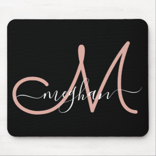 Mousepad Modern Black Pink Handwritten Name Monogrammed