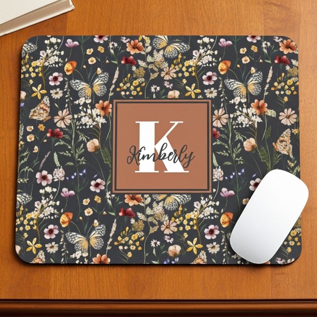 Mousepad Modern Boho Floral Monogram Name (Criador carregado)