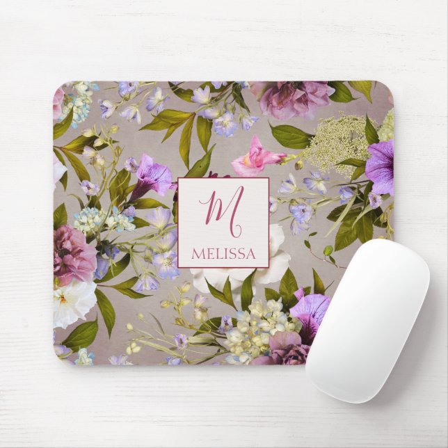 Mousepad Modern Bold Wildflower Purple | Monogram Gift (Com mouse)