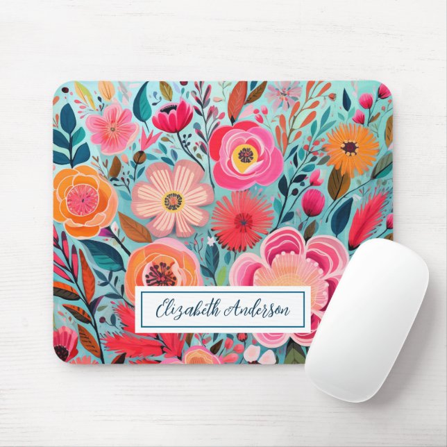 Mousepad Modern Colorful Pink Flowers Monogram (Com mouse)