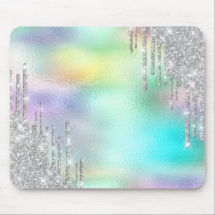 Mousepad Modern Glitter Silver Drips Holographic