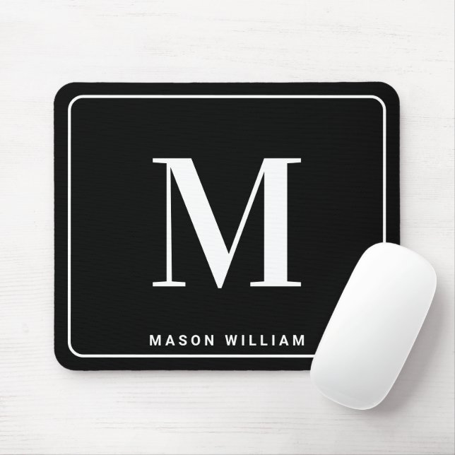 Mousepad Modern Minimalist Monogram & Name - Stylish Black (Com mouse)