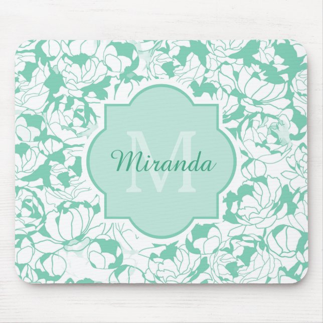 Mousepad Modern Mint Green Floral Girly Monograma Com Nome (Frente)